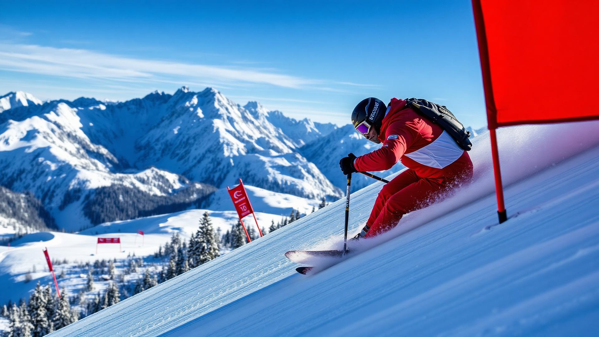 Skiracer in rood pak snijdt door een poort op besneeuwde piste